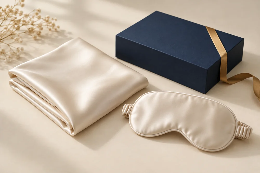 Silk pillowcase, eye mask and gift box concept