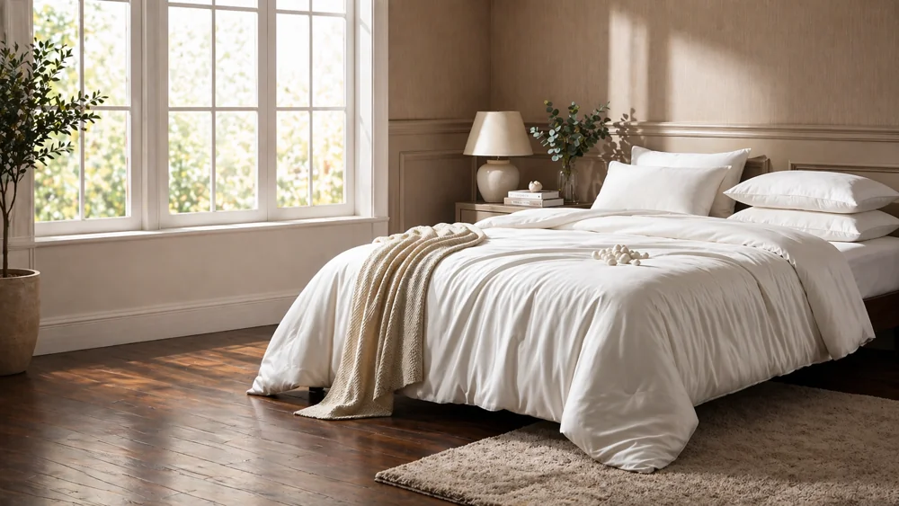 Ivory comforter in a sunlit bedroom, styled with silkworm cocoons